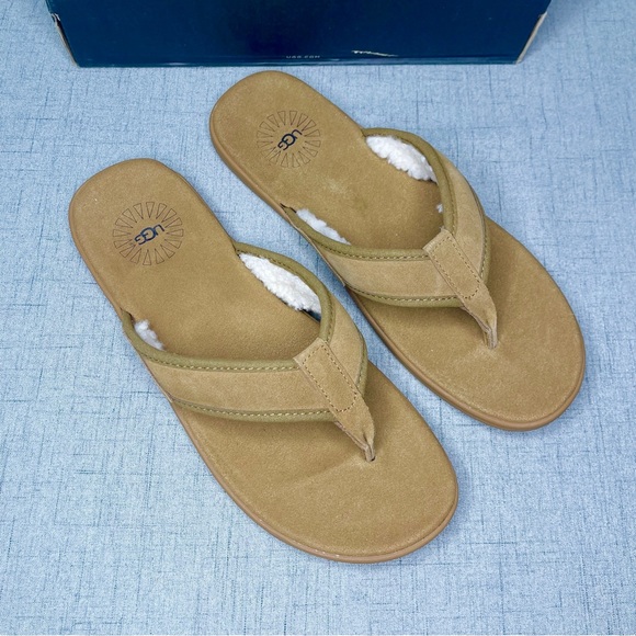 UGG Seaside Suede & Sherpa Flip Flop Sandal Tasmania Tan Sandals Nwt 11 - Picture 7 of 10